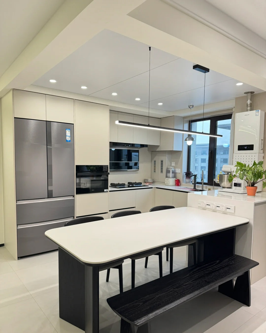 Suspended LED Strip Fixture for Countertop Islands – Dimmable Metal Bar Light with Remote in Matte or Gloss White – 39 to 102 in Adjustable