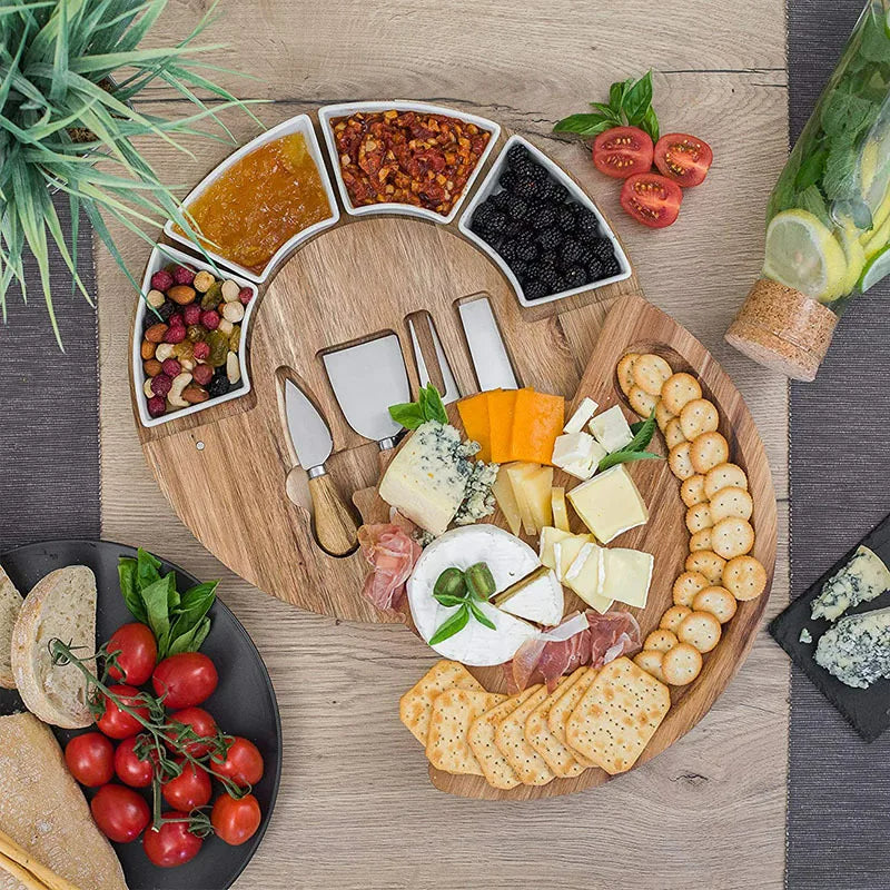 Ronde houten serveerplank met schaaltjes en messen, 13-inch hapjesschaal voor entertainment, borrelplank van natuurlijk acaciahout | Thomler