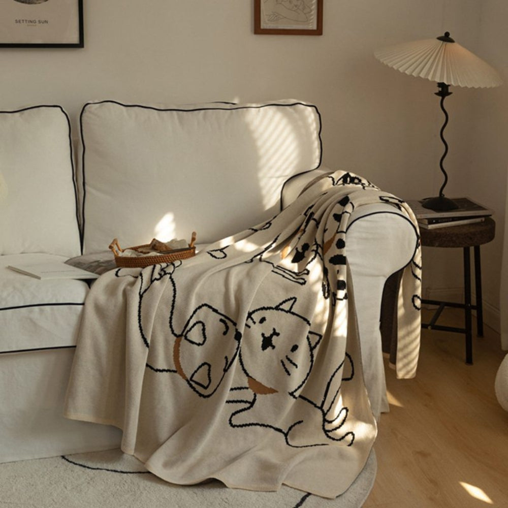 Cat Pattern Throw Blanket – 100% Cotton Weave – Breathable All-Season Bed & Sofa Cover