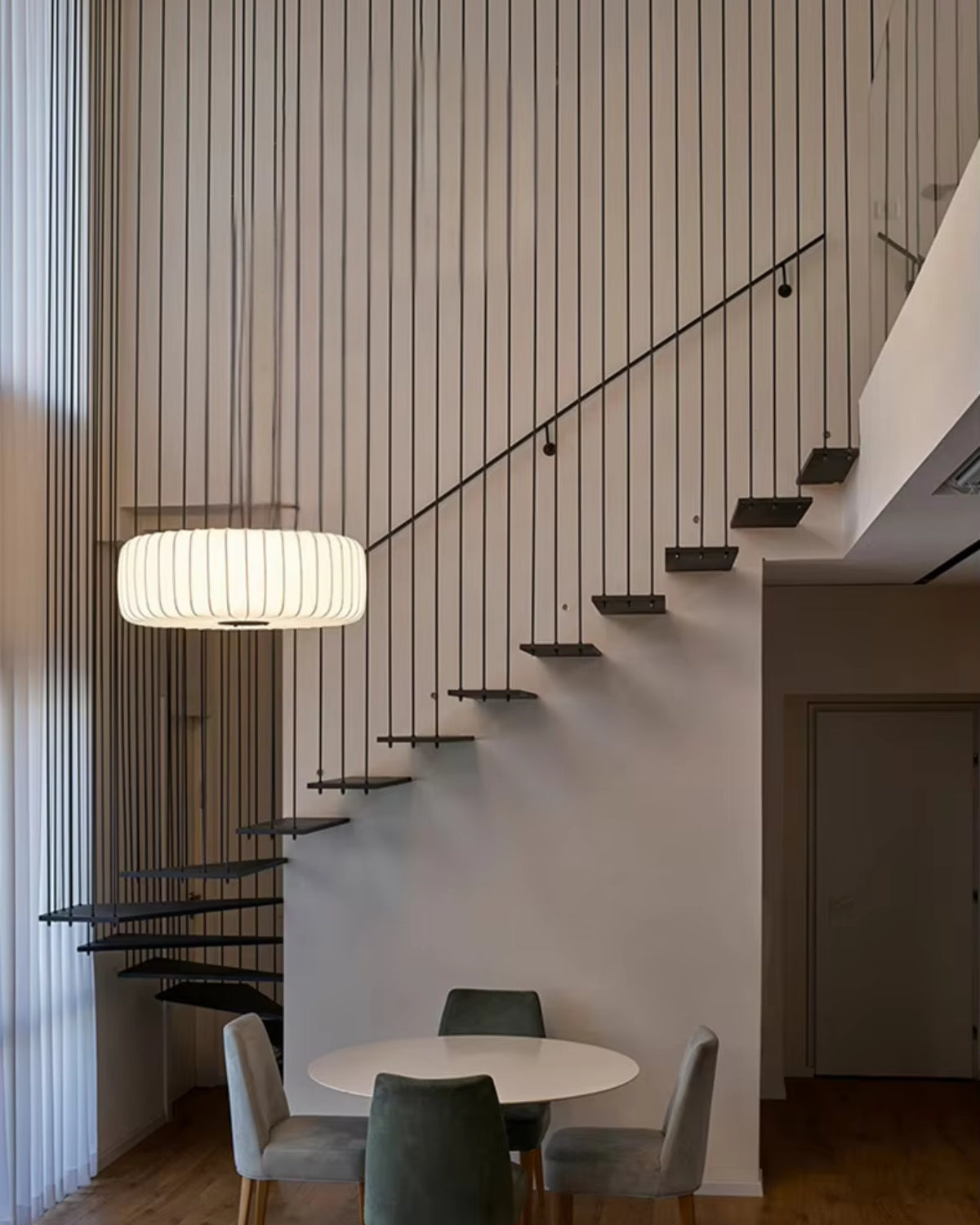 Hanglamp met stoffen trommelkap, 22 inch, neutrale tint, voor eetkamer of keukeneiland, modern Japandi-stijl, E27-fitting | Thomler