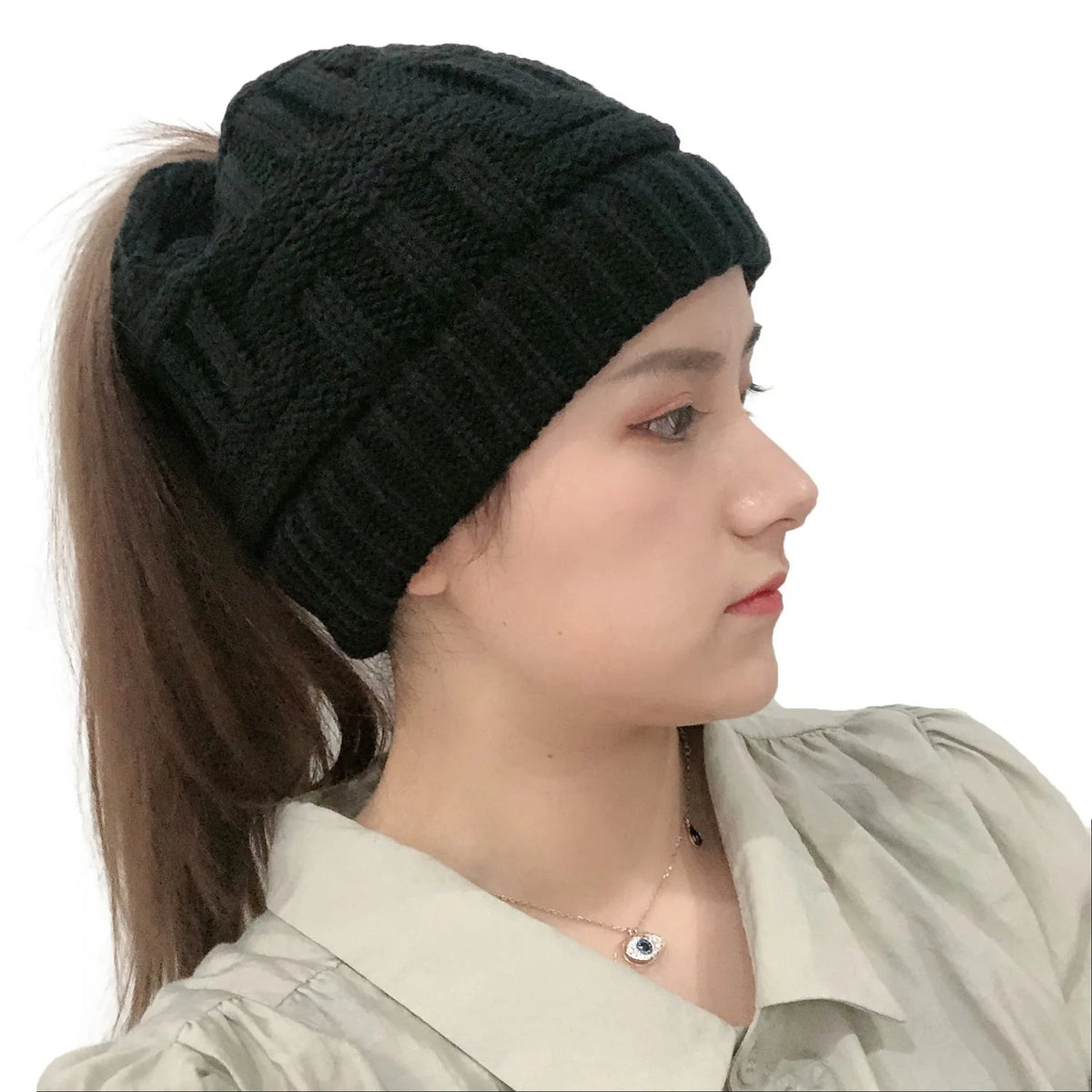Damen Winter Strickmütze Pferdeschwanz Strickmütze
