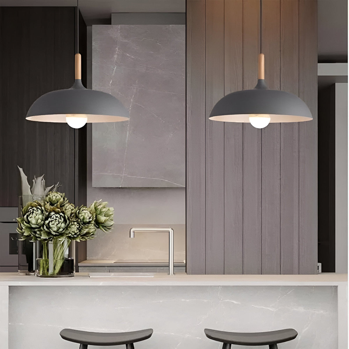 Wood and Iron Drop Light 14-24 Inches Diameter for Kitchen Island Dining Table Modern Minimalist Fixture E27 Socket Cord Height Adjustable | Thomler