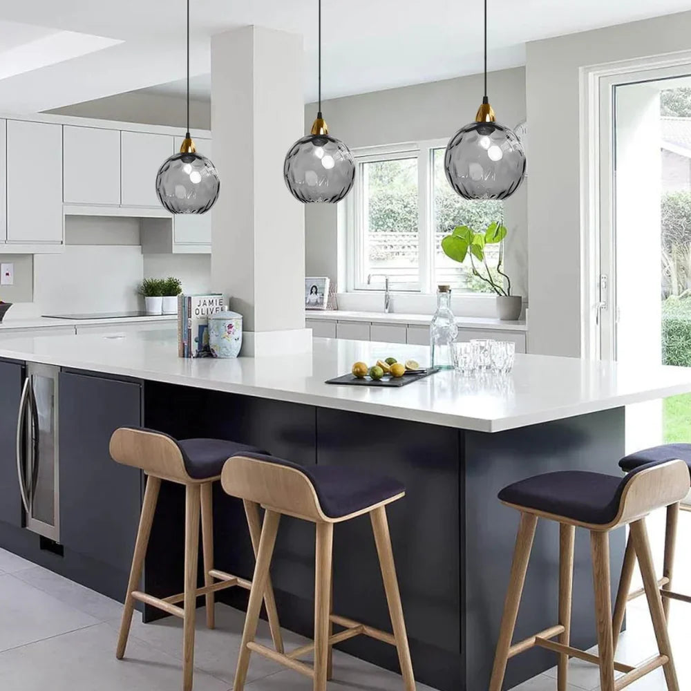 Getextureerde glazen hanglamp 7,9 inch, verlichting voor kookeiland in de eetkamer, in hoogte verstelbare moderne bolvormige pendellamp, minimalistische plafondlamp voor K | Thomler