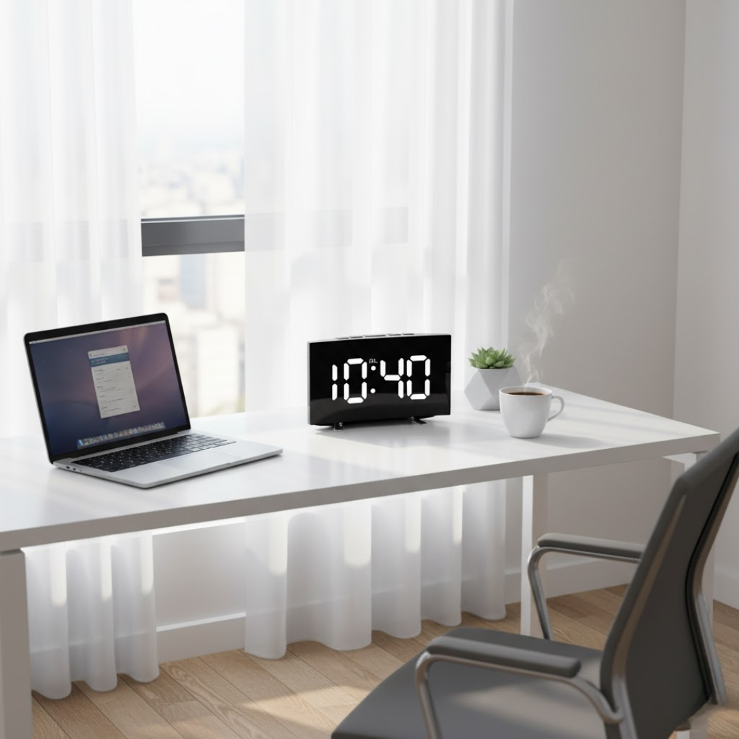 USB-betriebener LED-Wecker mit gebogenem Display, 17 × 7,1 × 3 cm, Backup-Batterie, Nachttischuhr mit großem Display für Schlafzimmer, Büro, Schreibtisch | Thomler