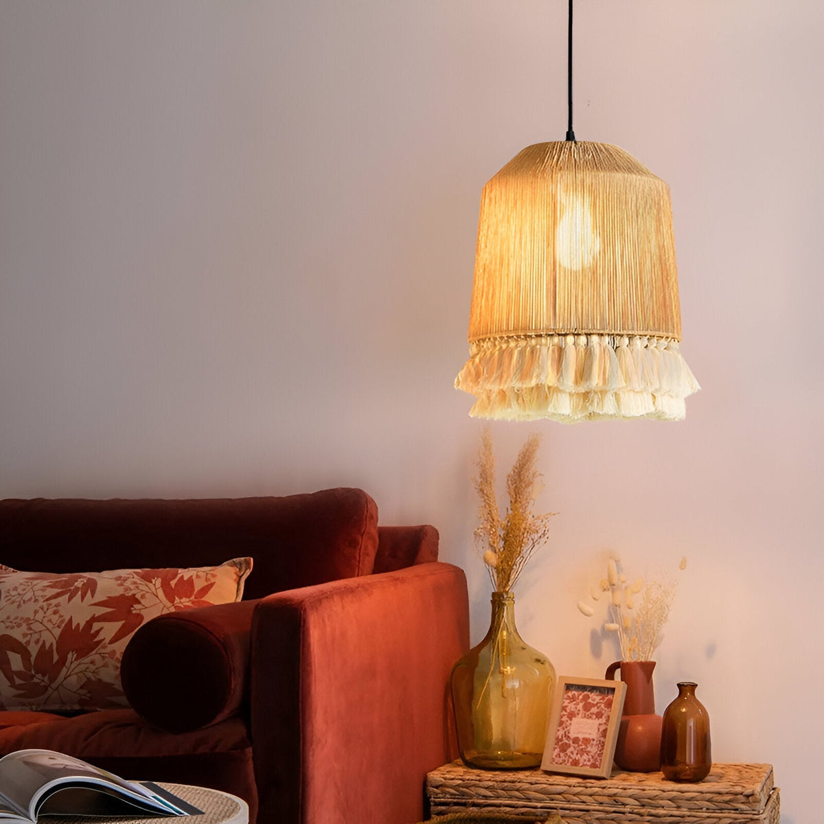 Woven Natural Fiber Ceiling Light Fixture with Tassel Detail for Dining Room, Bedroom & Living Room | Handcrafted Bohemian Style | Thomler
