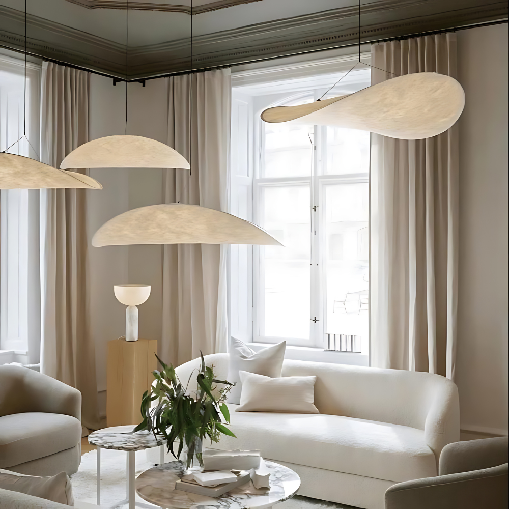 Woven Silk Shade Hanging Lamp White 16-31 in Adjustable Cord Warm Ambient Glow for Dining Room Bedroom Living Room Modern Minimalist Ceiling | Thomler