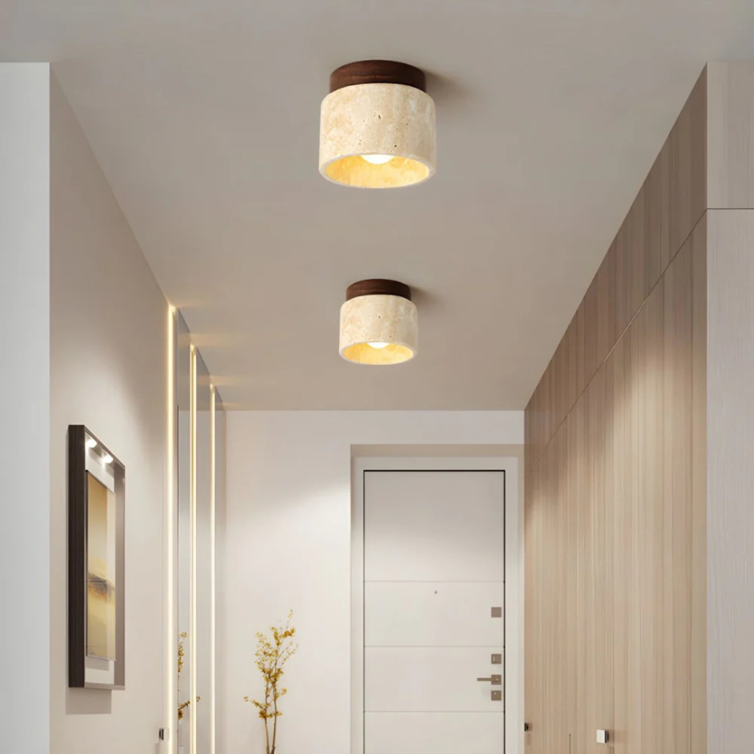 Plafondlamp voor montage tegen het plafond met natuursteen en hout, 4,7 inch, warme gloed voor kleine kamers, hal, compacte verlichtingsarmatuur, minimalistisch Japans | Thomler