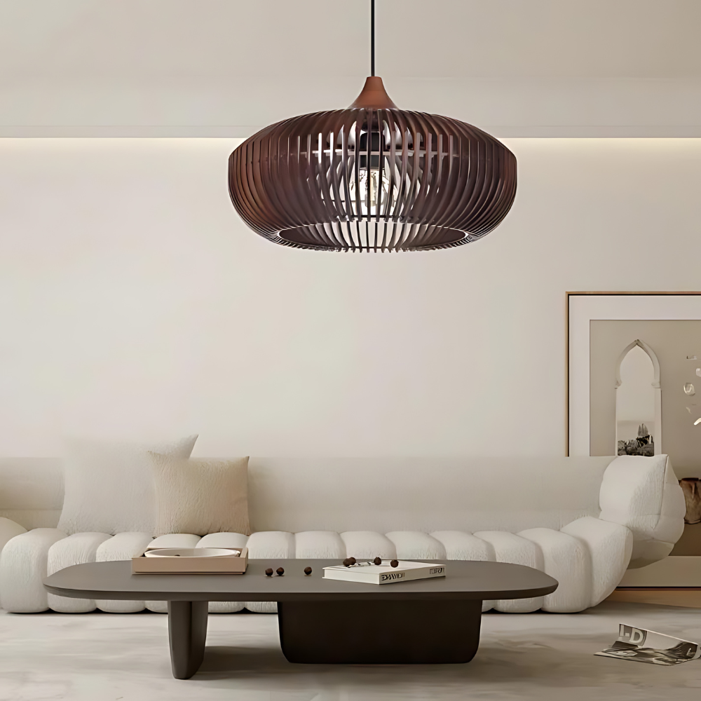 Wood Slat Ceiling Fixture Round Natural 17-Inch Japandi Style Above Table Island Ambient Hanging Light for Dining Kitchen Living Room | Thomler