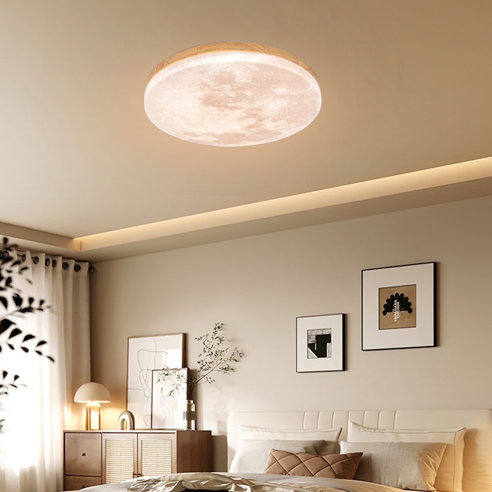 Runde LED-Unterputz-Deckenleuchte mit Mondoberflächen-Design, Holz & Acryl, 48 cm Durchmesser, für Schlafzimmer, Wohnzimmer und Flure, modernes Ambiente