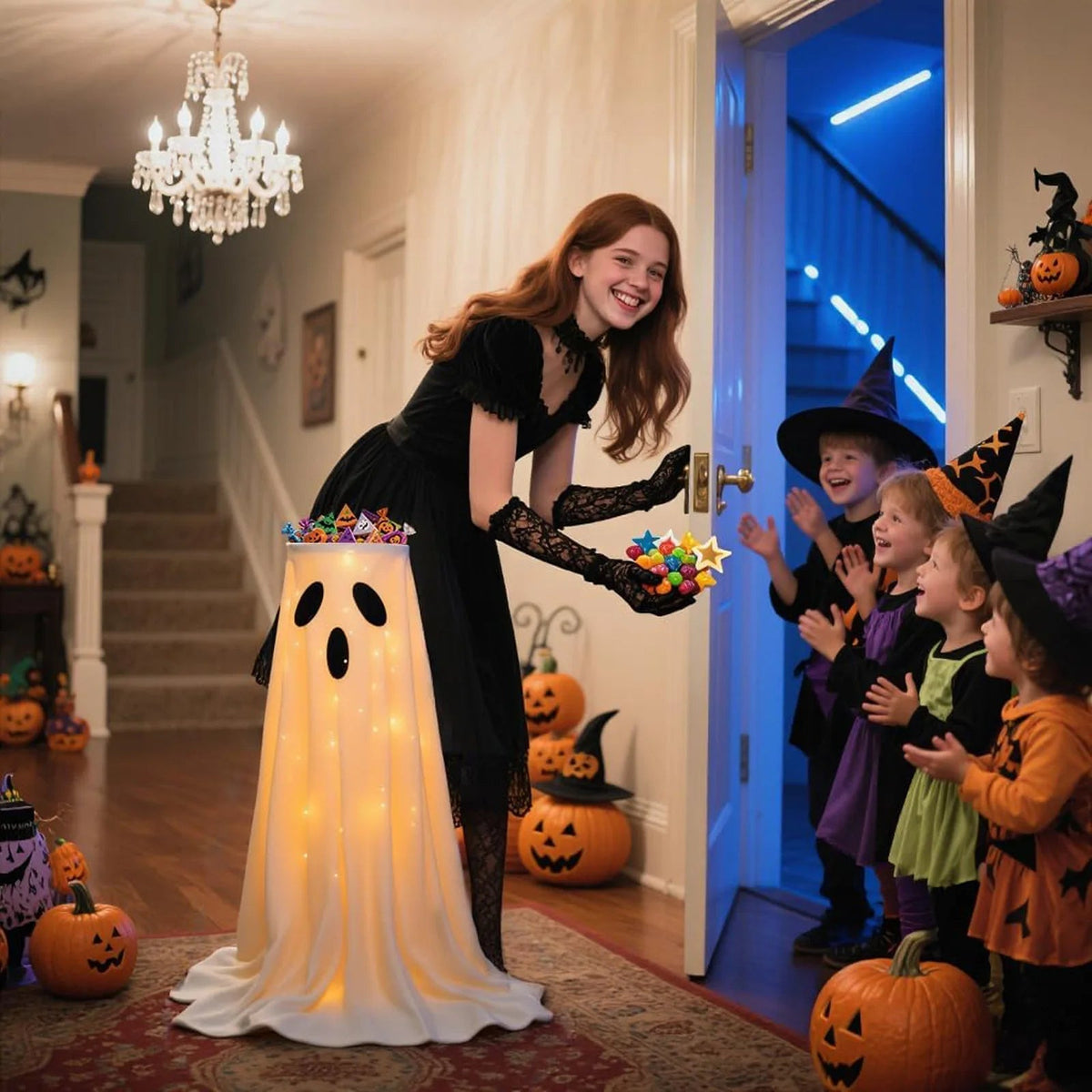 Verlichte Halloween-snoepkomstandaard met spookontwerp