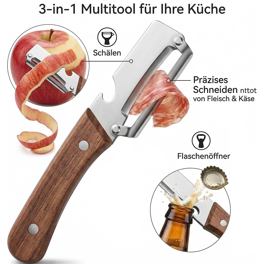 Keukenmultitool: dunschiller, snijder en flesopener met houten handvat, 5-delige set voor het bereiden van groenten en fruit, keukengerei voor de hobbykok | Thomler