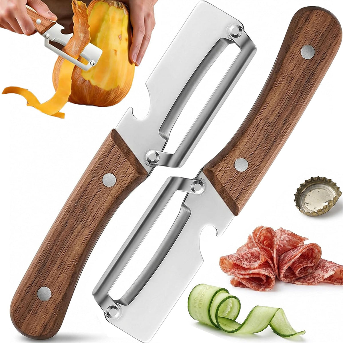 Keukenmultitool: dunschiller, snijder en flesopener met houten handvat, 5-delige set voor het bereiden van groenten en fruit, keukengerei voor de hobbykok | Thomler