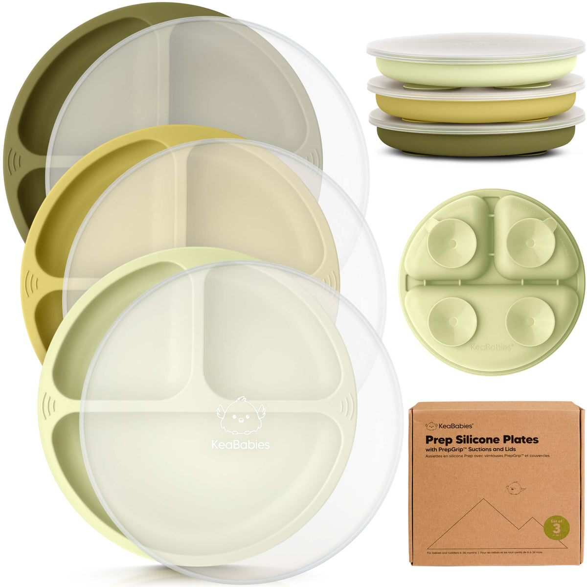 3-Pack Baby Silicone Suction Plates with Lids