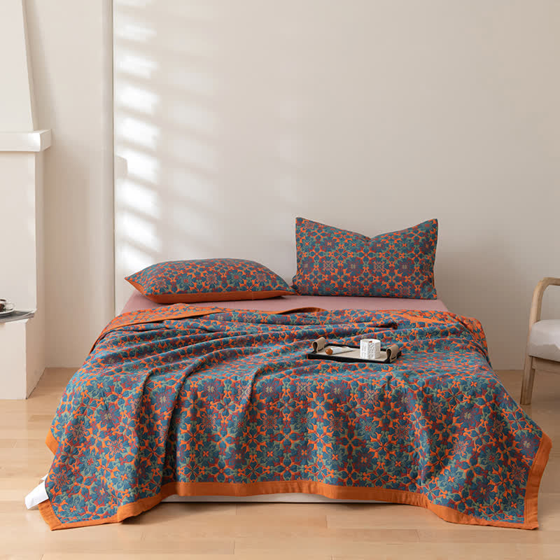 Zeslaags katoenen quilt, omkeerbare lichtgewicht deken, oranje-blauw geometrisch patroon, voor het hele jaar door comfort, slaapkamer, logeerkamer