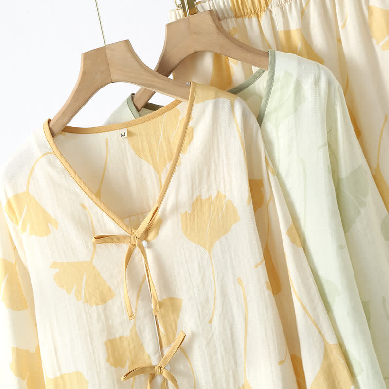 Women's Cotton Pajama Set with Ginkgo Leaf Print and Bow Tie Detail for Lounging at Home