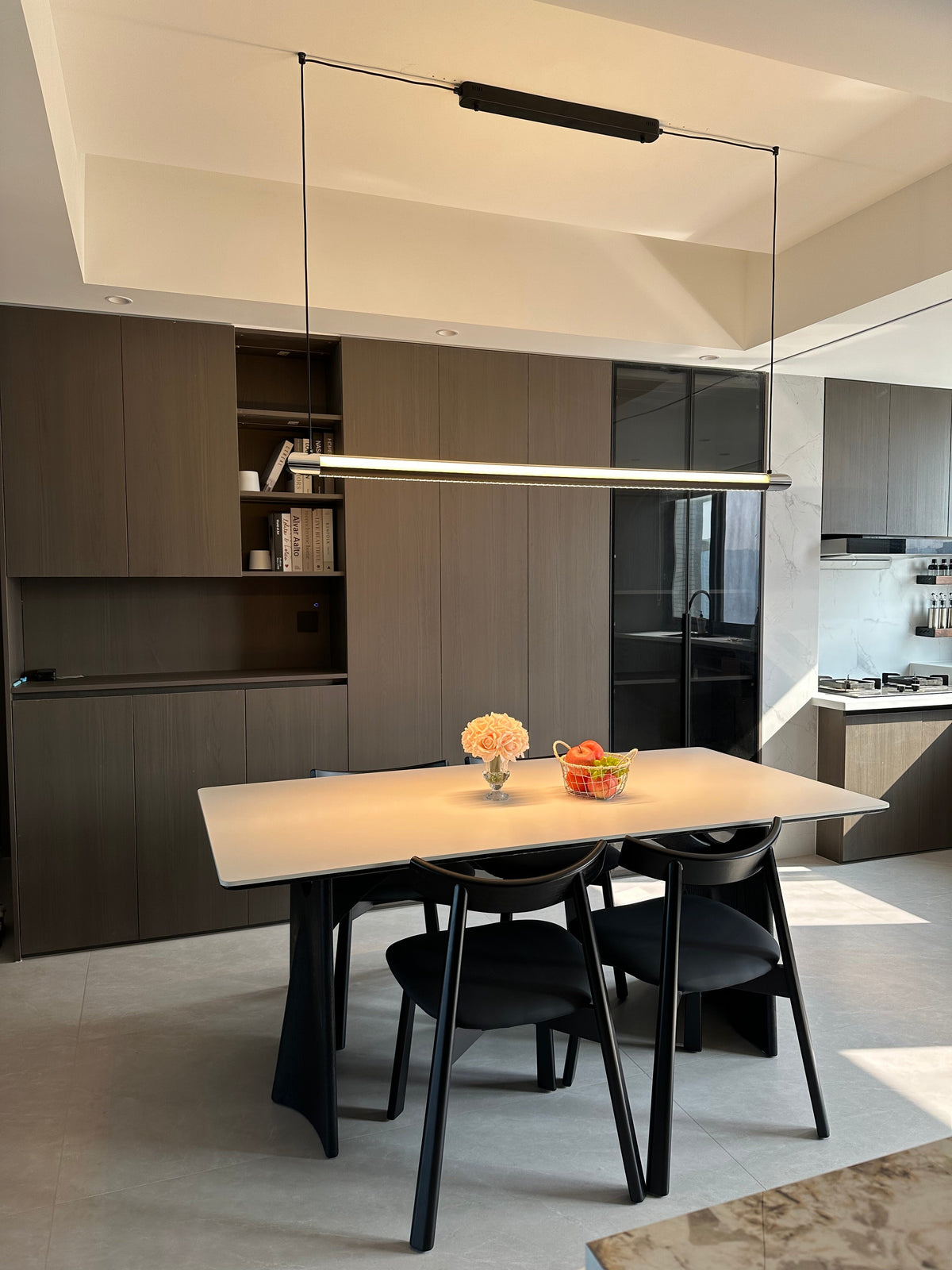 Linear LED Chandelier 35 Inch Dimmable Remote Control Black Metal Island Light for Kitchen Dining Room Adjustable Cord Modern Hanging Fixtur | Thomler