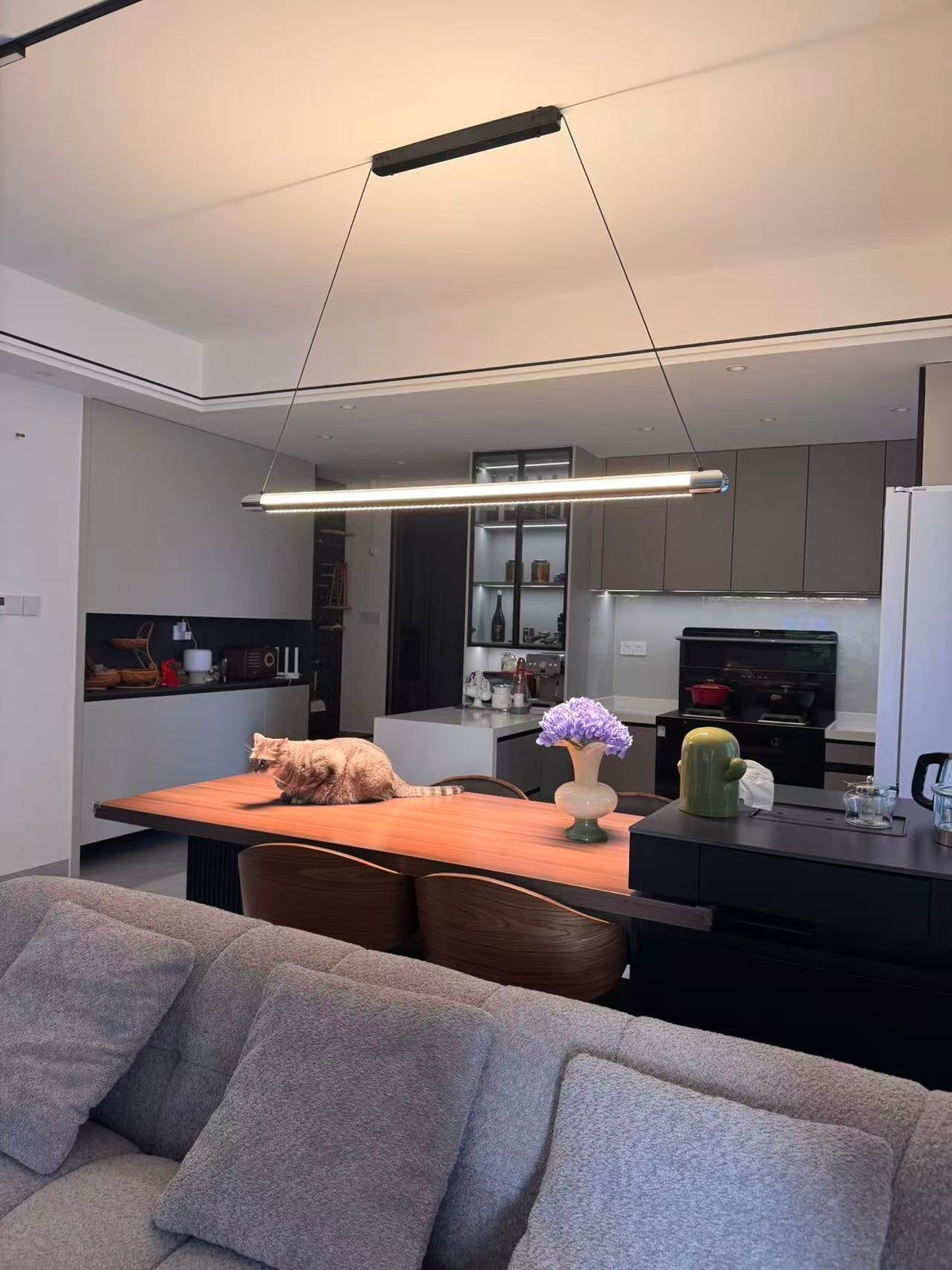 Linear LED Chandelier 35 Inch Dimmable Remote Control Black Metal Island Light for Kitchen Dining Room Adjustable Cord Modern Hanging Fixtur | Thomler