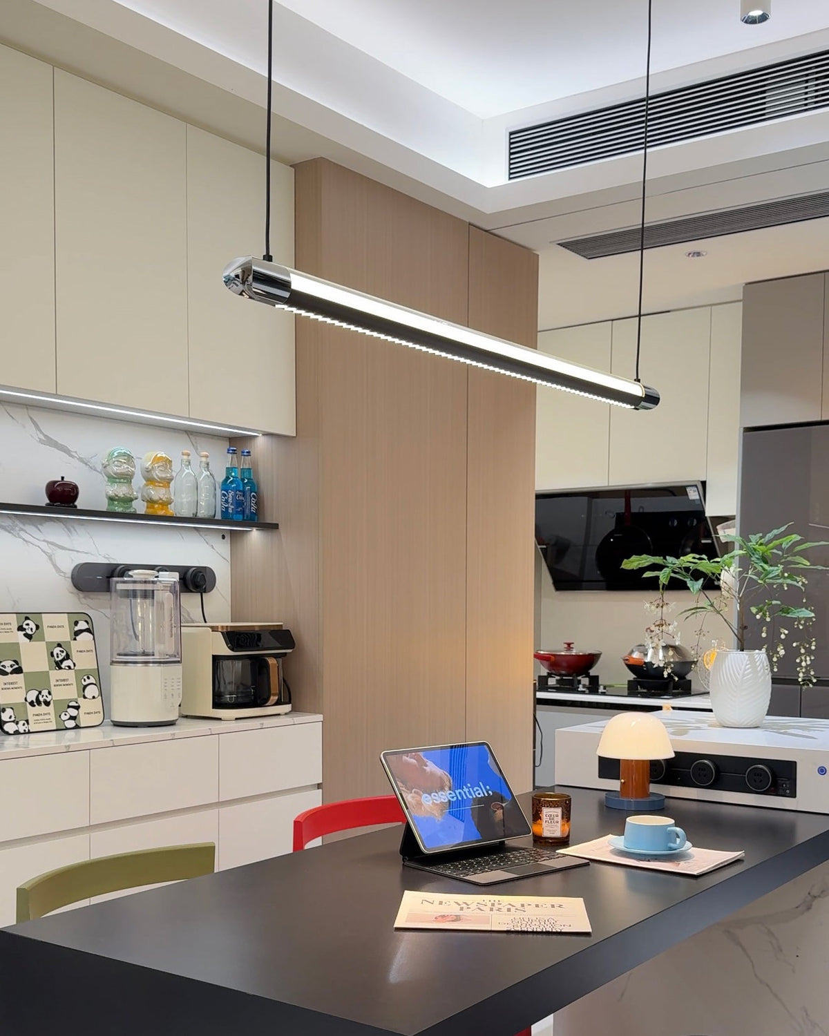 Linear LED Chandelier 35 Inch Dimmable Remote Control Black Metal Island Light for Kitchen Dining Room Adjustable Cord Modern Hanging Fixtur | Thomler