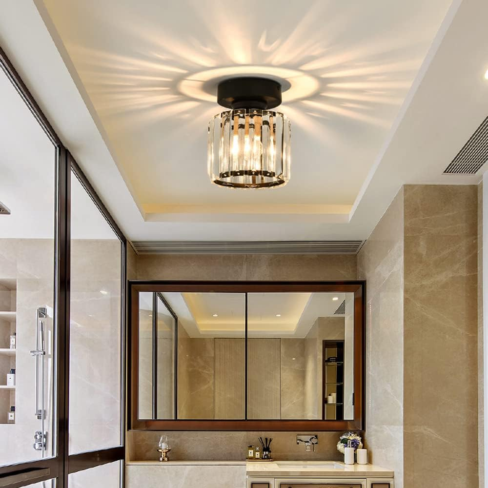 Cube Crystal Flush Mount Ceiling Light with Brass Frame 10 Inch for Bedroom Hallway Entryway Living Room Office Modern Home Lighting Fixture | Thomler