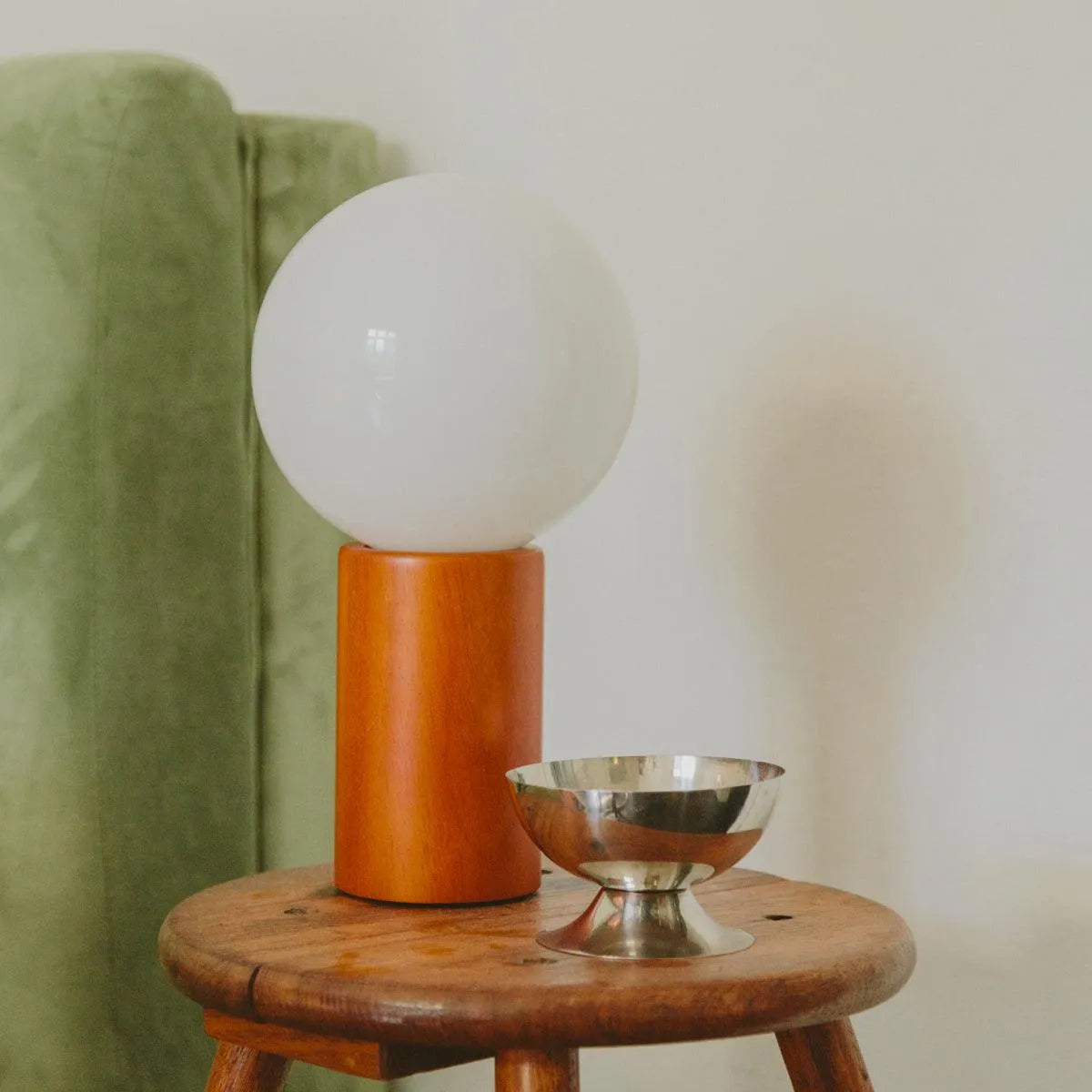 Spherical Glass Shade Nightstand Light 11 in Natural Wood Base Bedside Reading Lamp Retro Accent Illumination for Bedroom Living Room Office | Thomler