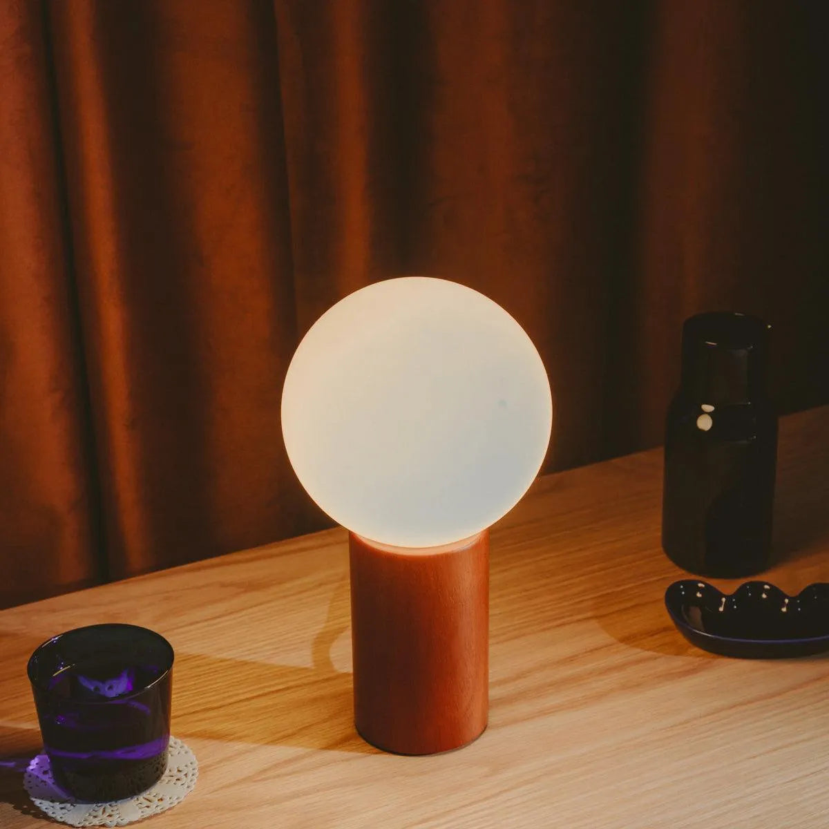 Spherical Glass Shade Nightstand Light 11 in Natural Wood Base Bedside Reading Lamp Retro Accent Illumination for Bedroom Living Room Office | Thomler
