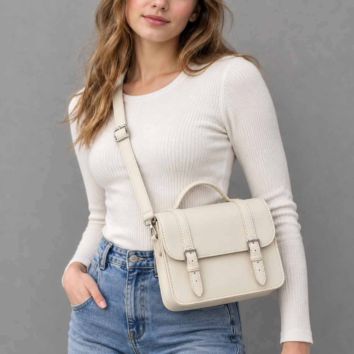 Cream Satchel Bag 10 in – Structured with Buckle Closure