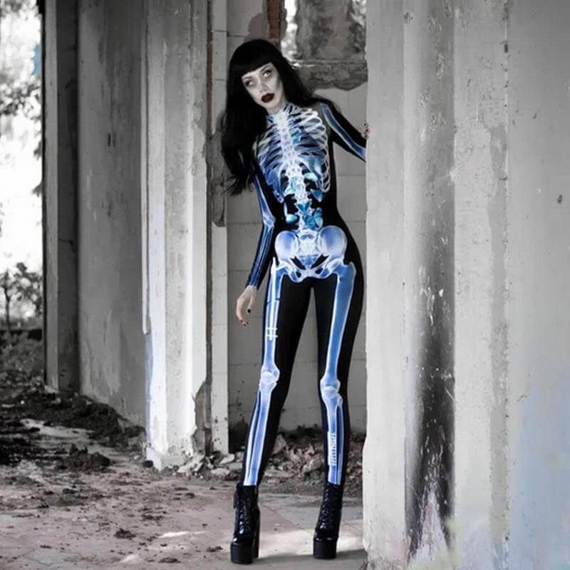 Full-Body Skeleton Costume with 3D Print – Form-Fitting Jumpsuit for Halloween Party & Cosplay