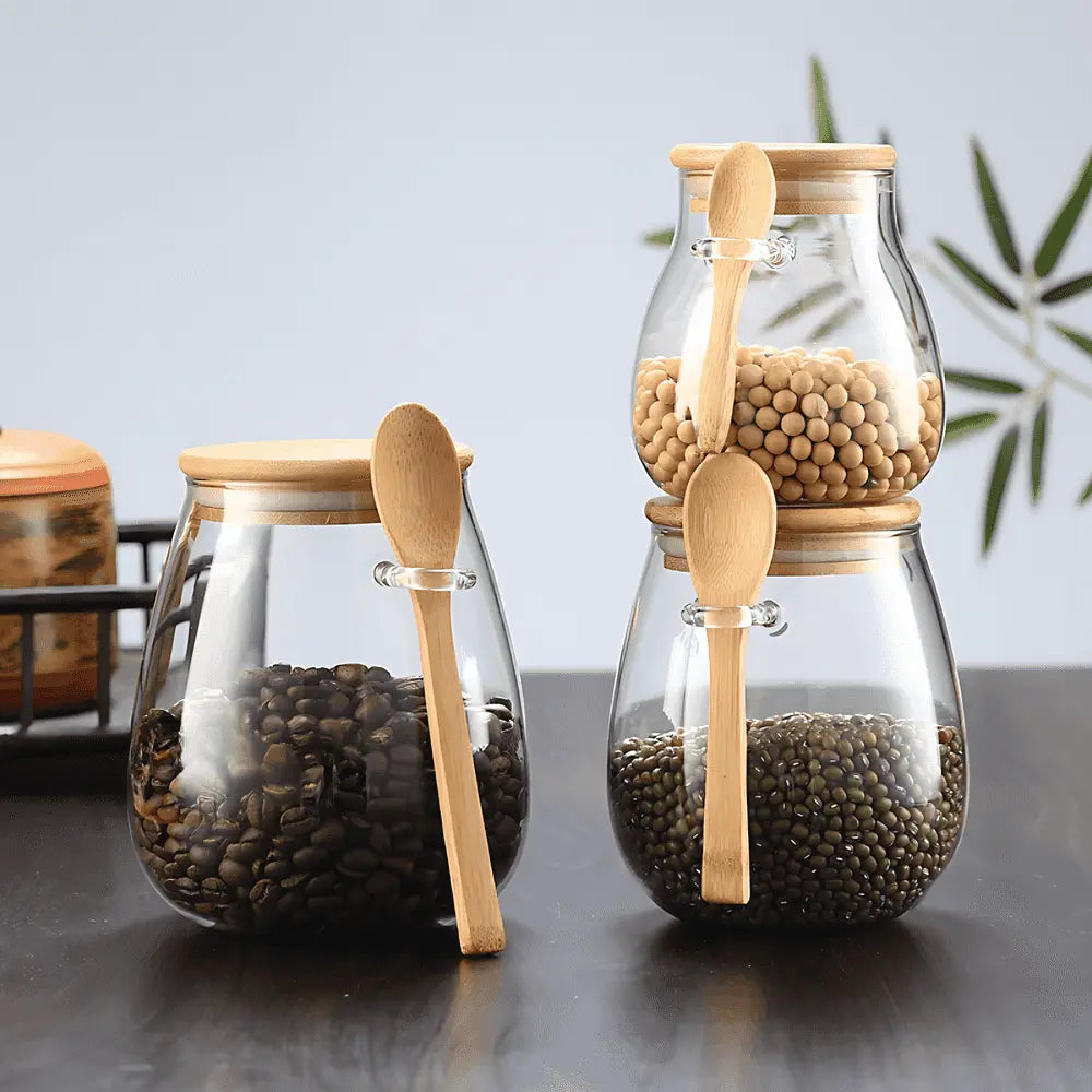 Klarglas-Vorratsbehälter mit Bambusdeckel & Löffel zur Vorratsorganisation für Kaffeebohnen, losen Tee, Trockenwaren, Küchenarbeitsplatte, luftdichtes Aufbewahrungsglas S | Thomler