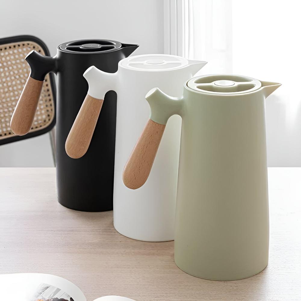 Vacuum Insulated Thermal Carafe 34 oz with Wood Grip – Drip-Free Spout for Coffee & Tea – Home Kitchen & Office | Thomler