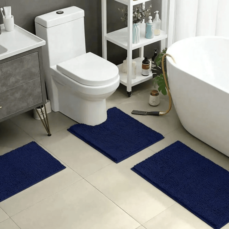 Plüsch-Chenille-Badematte, rutschfester, wasserabsorbierender Bodenteppich für Dusche, Bad, Toilette, Blau, 50 × 80 cm, weiches Polyester, rutschfeste Unterseite für W | Thomler