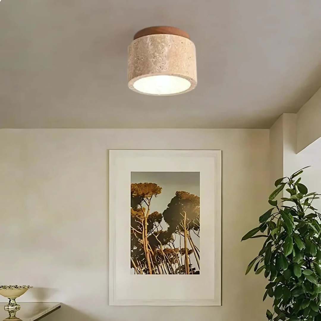 Plafondlamp voor montage tegen het plafond met natuursteen en hout, 4,7 inch, warme gloed voor kleine kamers, hal, compacte verlichtingsarmatuur, minimalistisch Japans | Thomler