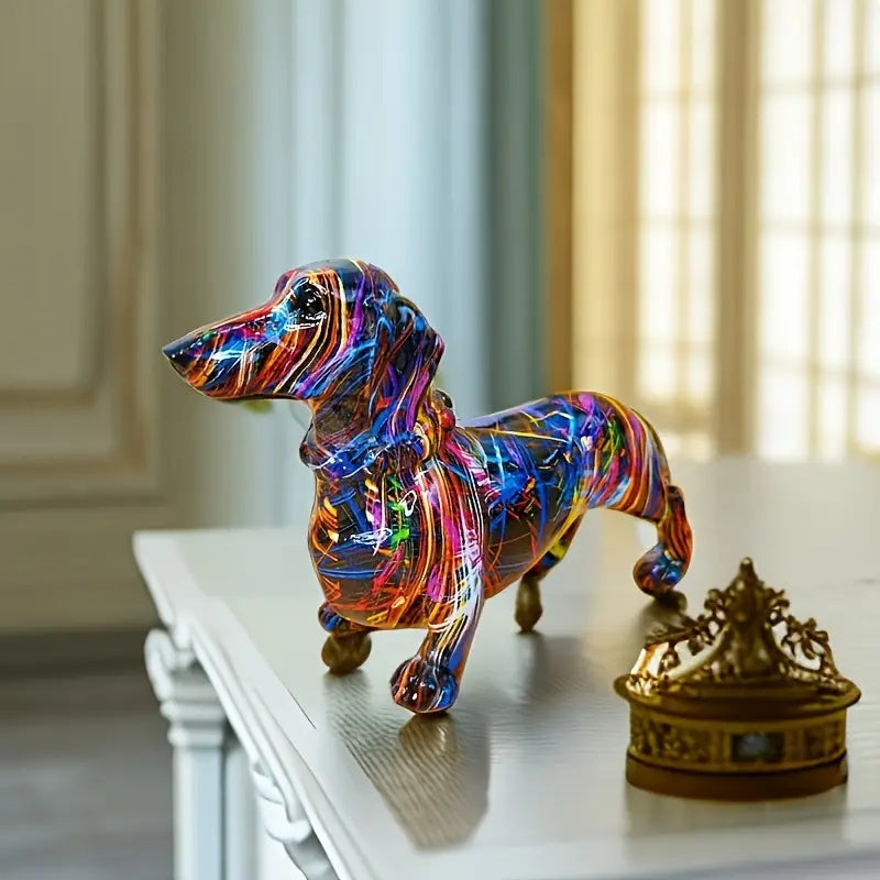 Wiener Dog Statue Colorful Resin Accent Sculpture Desk Shelf Mantel Contemporary Animal Figure Desktop Art Dachshund Collectible Home Decor | Thomler