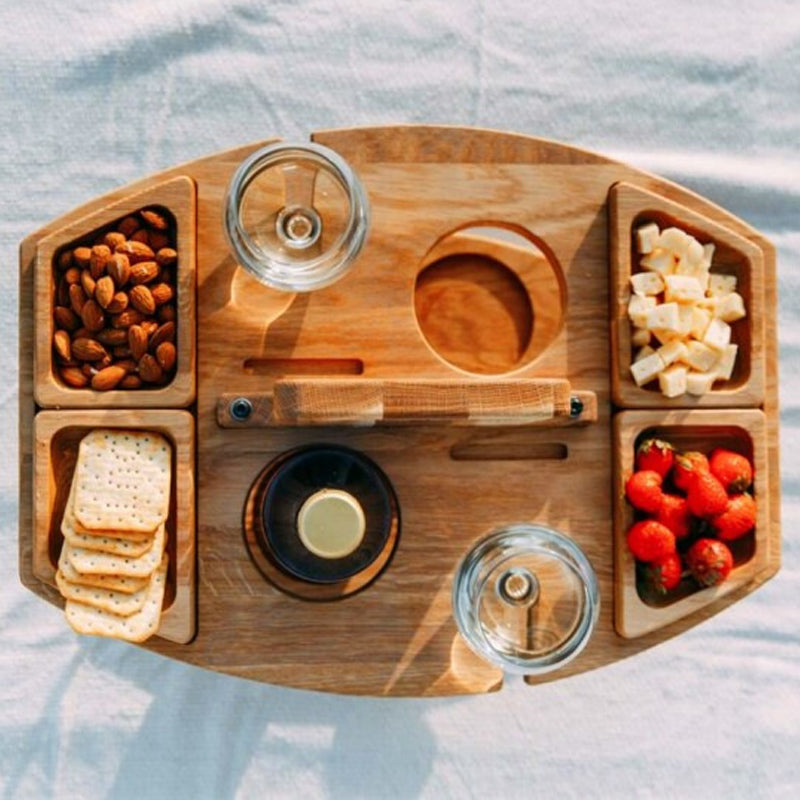 Portable Wooden Wine Table for Picnics – Holds Bottle, Glasses & Snacks for Outdoor Dining, Beach Trips, Garden Parties