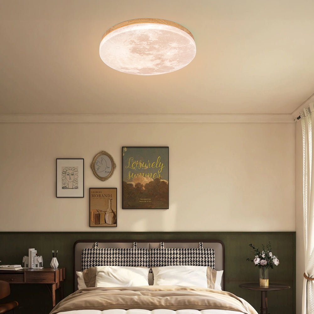 Runde LED-Unterputz-Deckenleuchte mit Mondoberflächen-Design, Holz & Acryl, 48 cm Durchmesser, für Schlafzimmer, Wohnzimmer und Flure, modernes Ambiente