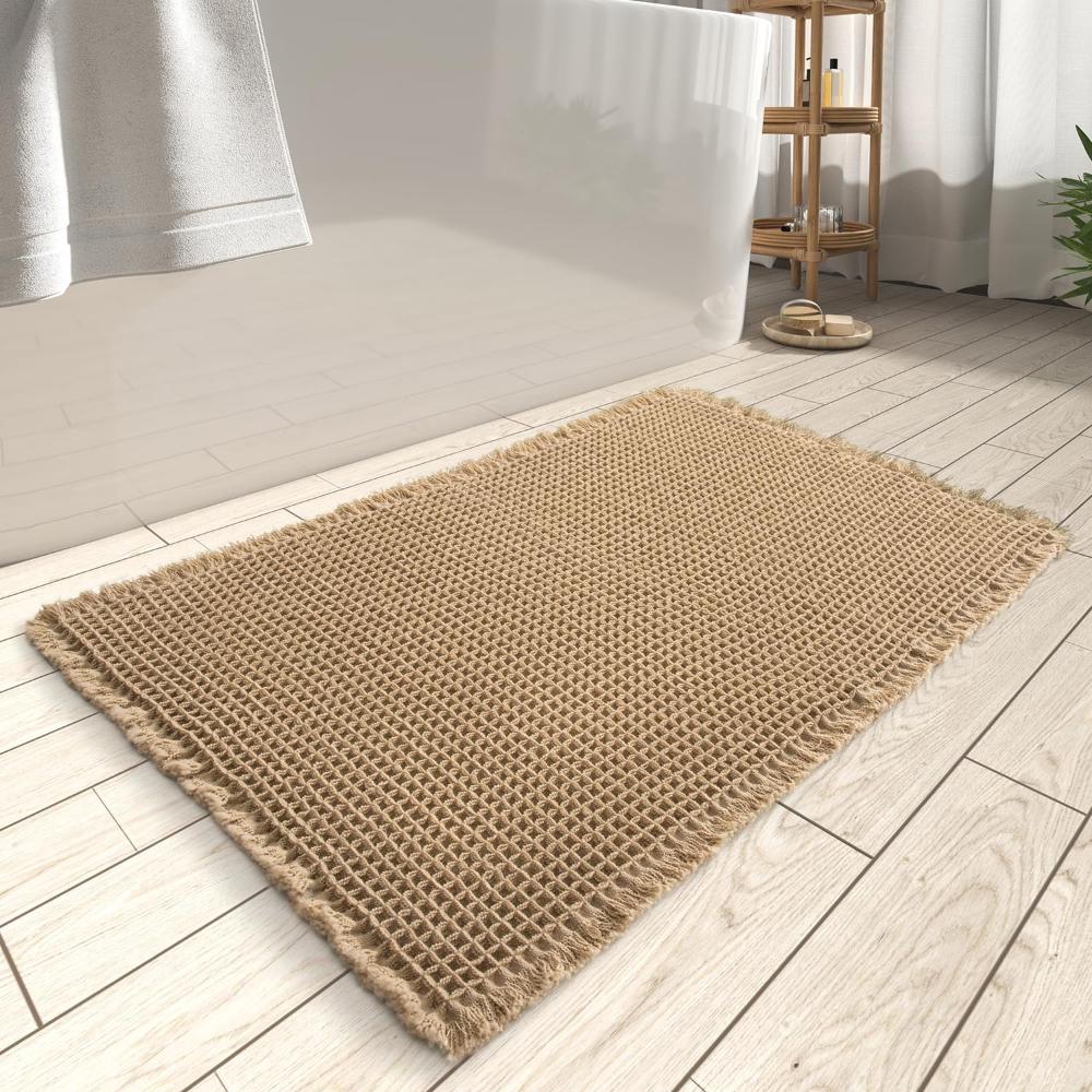Waffle Weave Bathroom Floor Mat Rapid Drying Slip-Resistant Beige Shower Rug for Modern Homes Plush Comfort | Thomler