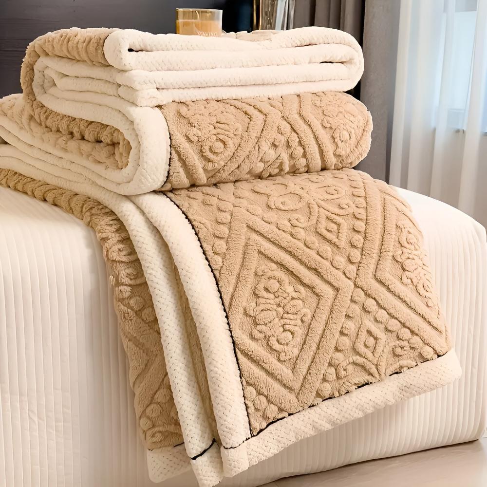 Carved Plush Throw with Sherpa Backing – Double-Sided Blanket for Bed, Couch & Travel
