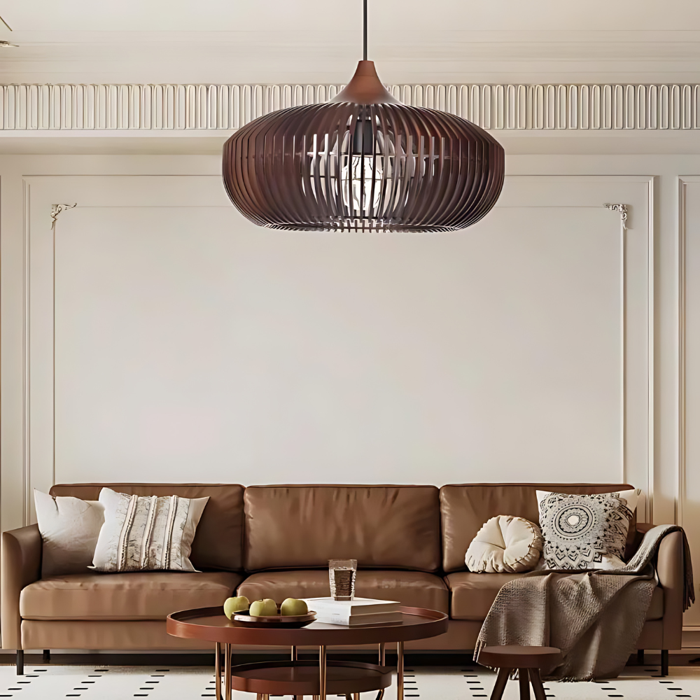 Wood Slat Ceiling Fixture Round Natural 17-Inch Japandi Style Above Table Island Ambient Hanging Light for Dining Kitchen Living Room | Thomler