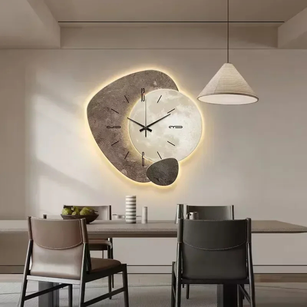 Stille houten klok met led-achtergrondverlichting voor slaapkamer, woonkamer, kantoor, sfeervol decoratief uurwerk, warme gloed, moderne Scandinavische kunst aan de muur | Thomler