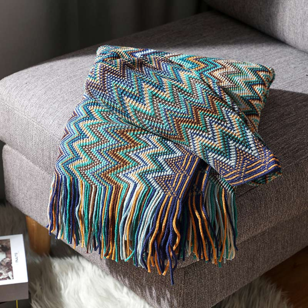 Chevron Knit Throw Blanket with Fringe Trim – Lightweight Acrylic for Year-Round Comfort