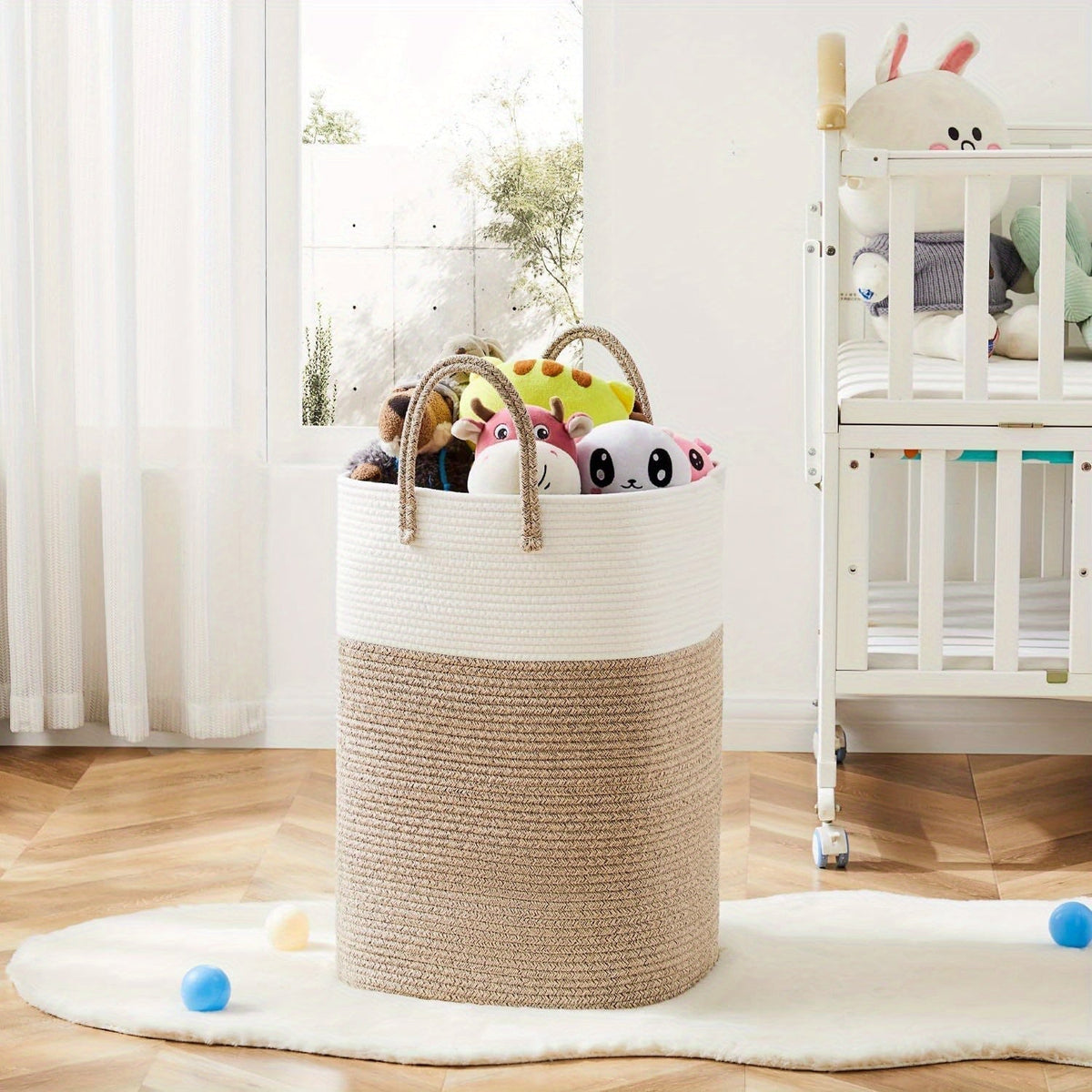 Zusammenklappbarer Wäschekorb aus Stoff, 98-Liter-Behälter mit weichen Seiten für Kleidung, Spielzeug, Decken, Schlafzimmer, Badezimmer, Kinderzimmer-Organizer, Grau Weiß Braun | Thomler