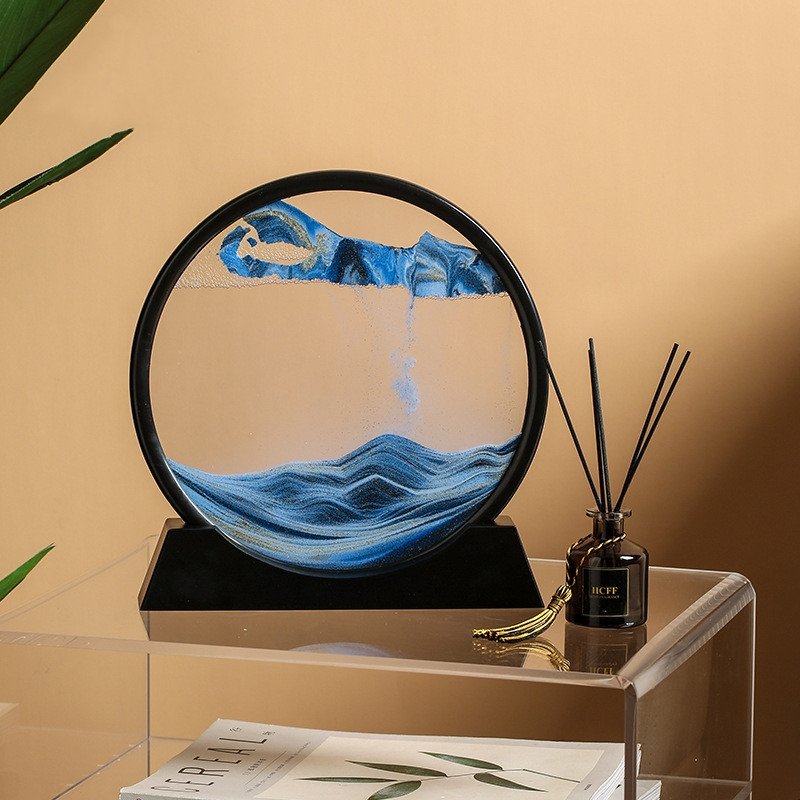 Rond 7-inch zandkunst frame met bewegend zand, glazen display voor op het bureau, kleurveranderende bureaudecoratie voor ontspanning thuis en op kantoor