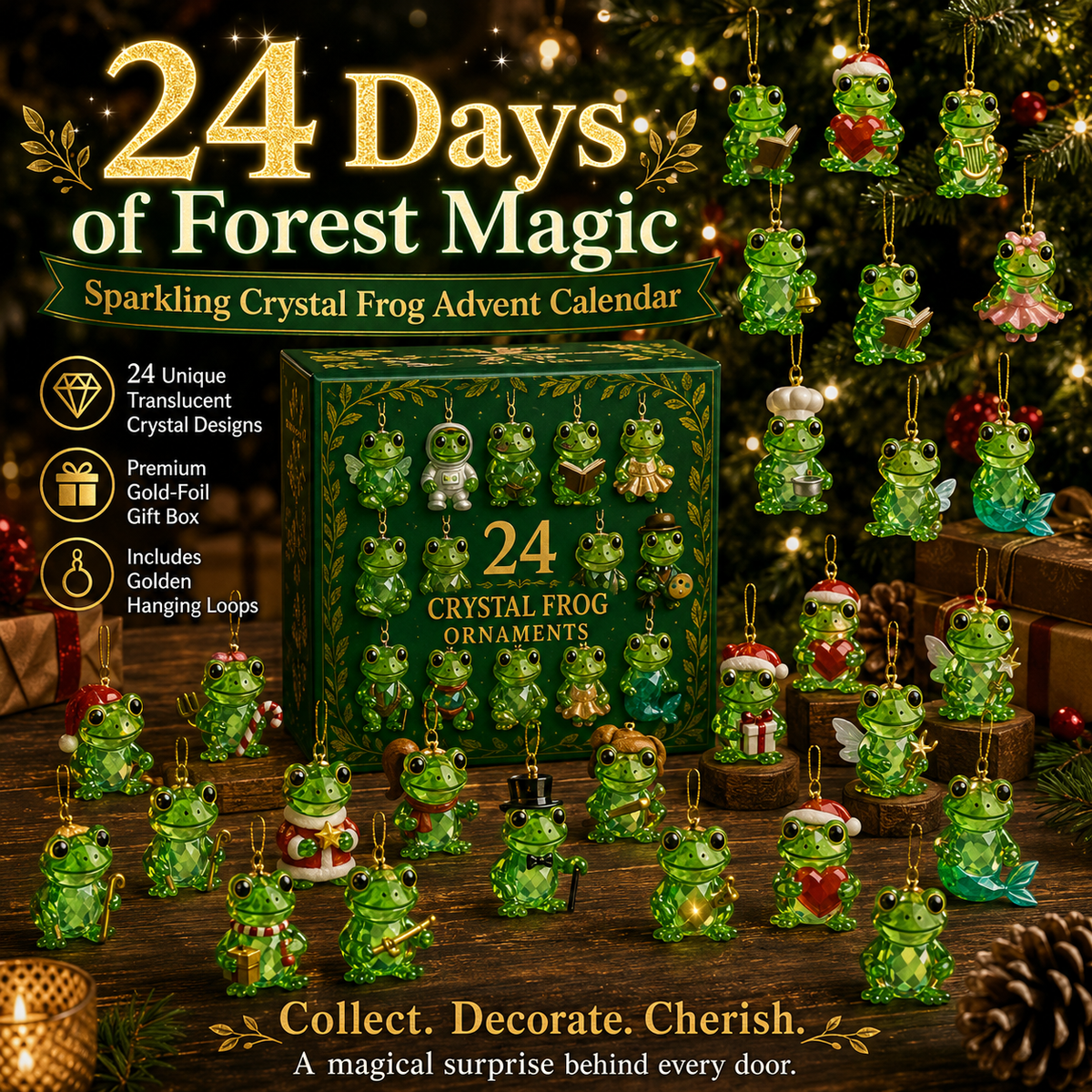 Crystal Frog Ornament Advent Calendar – 24 Miniature Collectible Charms for Christmas Countdown & Year-Round Display