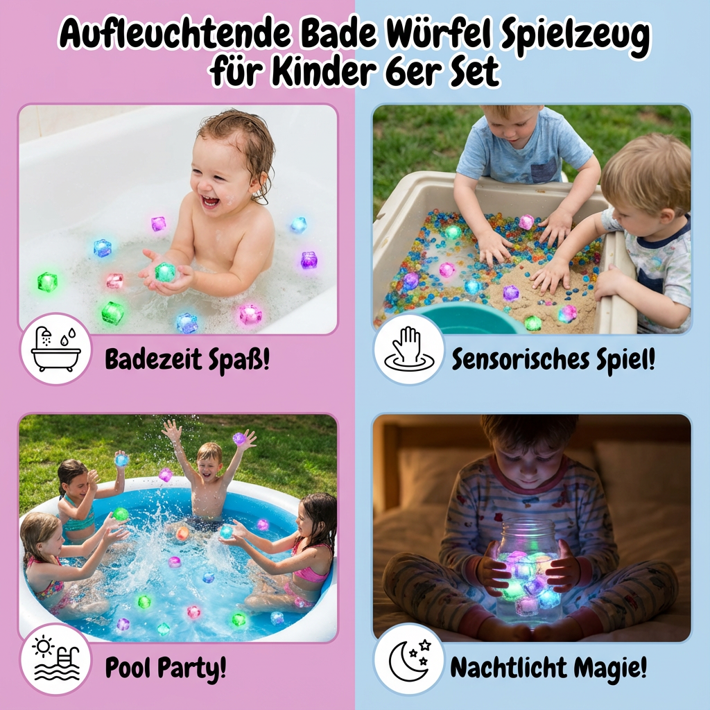 Light-Up Bath Cubes for Kids 6-Pack Waterproof LED Floating Toys Sensory Play Color-Changing Glow Cubes for Toddlers Bathtub Fun | Thomler