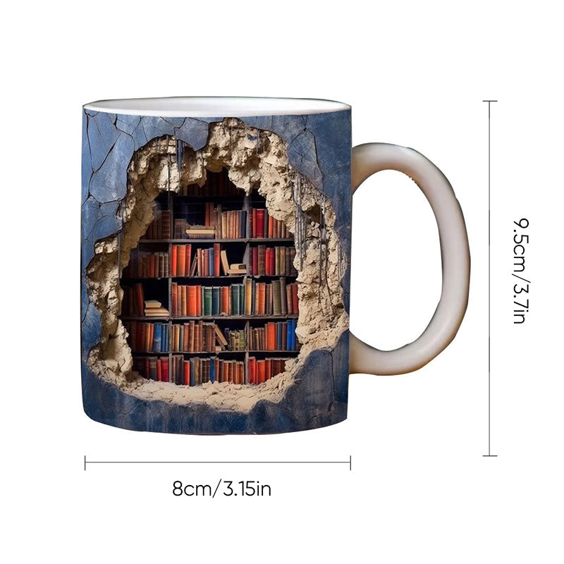 Ceramic Mug with 3D Bookshelf Wrap Design for Coffee Tea Hot Drinks Book Lovers Library Kitchen Microwave Dishwasher Safe Literary Gift | Thomler