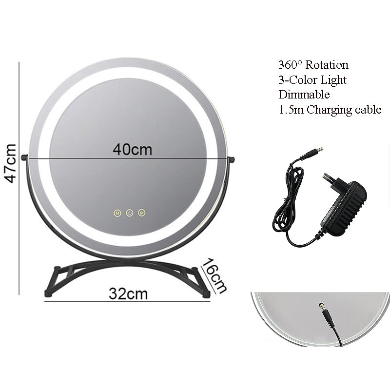 Rechargeable Lighted Vanity Mirror 16 Inch Round Tabletop Mirror with Adjustable LED Brightness Dimmable 360 Rotation for Makeup Skincare Be | Thomler