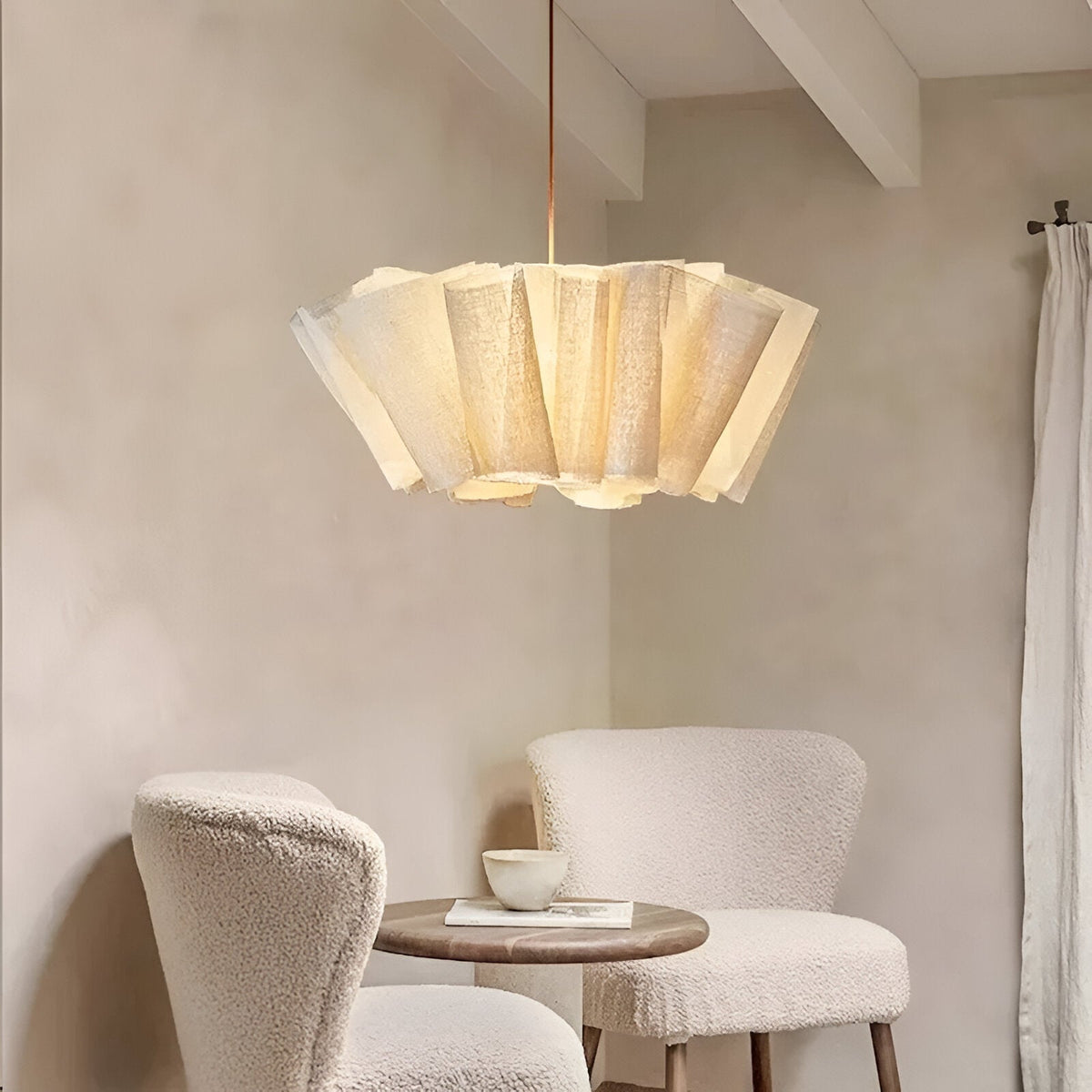 Geplooide stoffen hanglamp voor aan het plafond 40 cm Warm Crème voor eetkamer keukeneiland Scandinavisch Japans modern minimalistisch sfeervol licht | Thomler