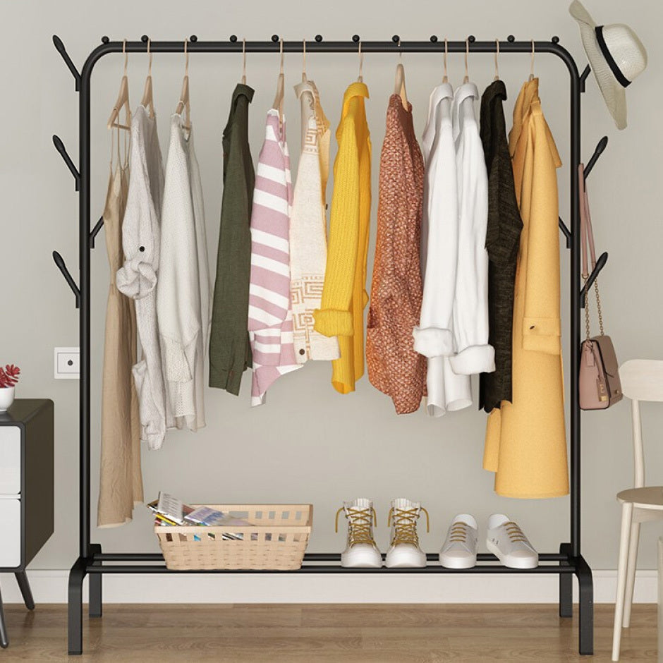 Steel Garment Rack with Shelves & Hooks for Entryway Organization 59 in H × 43 in W Freestanding Clothes Rail Multi-Level Storage for Jacket | Thomler