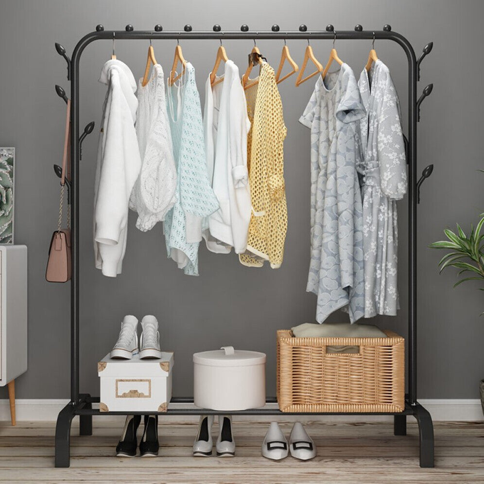 Steel Garment Rack with Shelves & Hooks for Entryway Organization 59 in H × 43 in W Freestanding Clothes Rail Multi-Level Storage for Jacket | Thomler