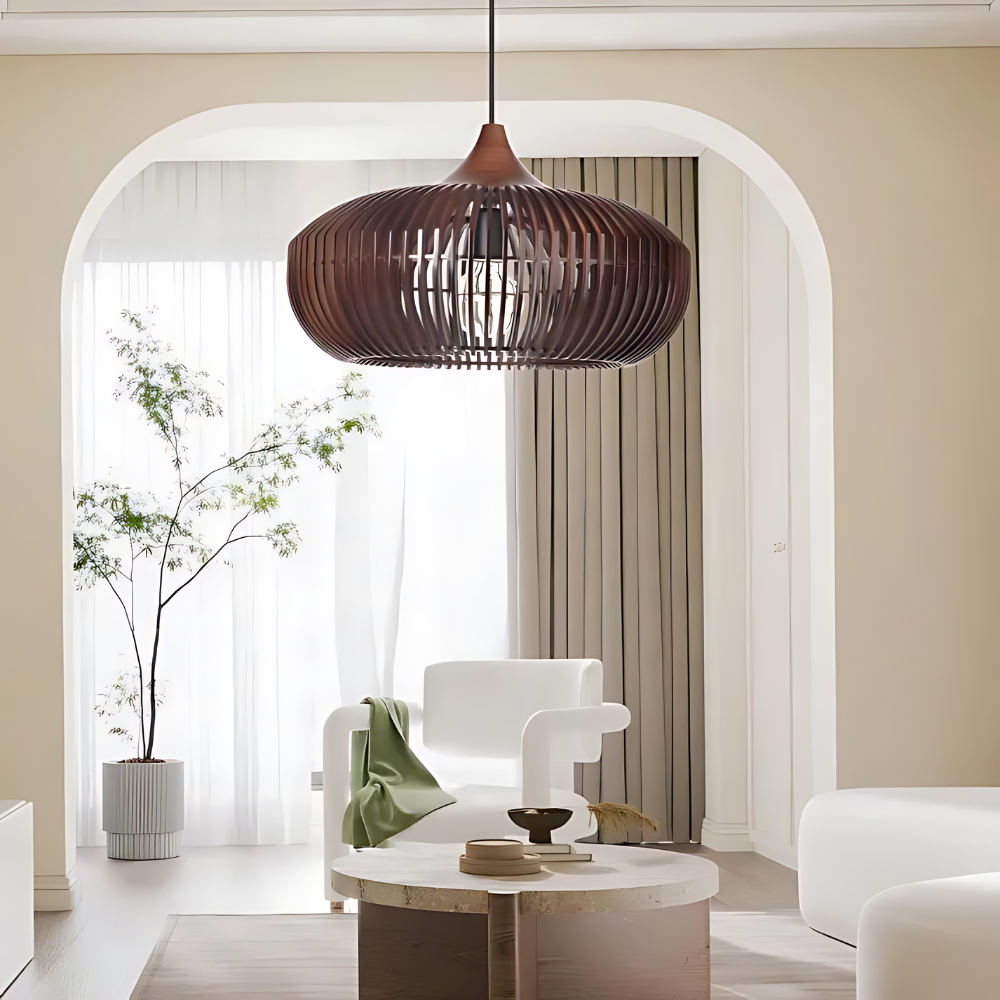 Wood Slat Ceiling Fixture Round Natural 17-Inch Japandi Style Above Table Island Ambient Hanging Light for Dining Kitchen Living Room | Thomler