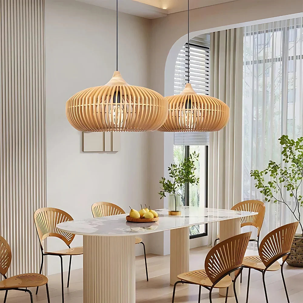 Wood Slat Ceiling Fixture Round Natural 17-Inch Japandi Style Above Table Island Ambient Hanging Light for Dining Kitchen Living Room | Thomler